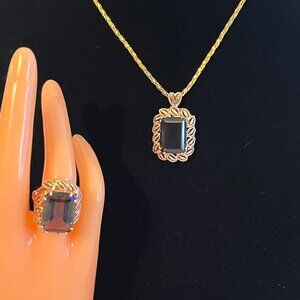 Technabond Plated Smokey Quartz Pendant & Matching Ring Set Goldtone Ring-Size 6